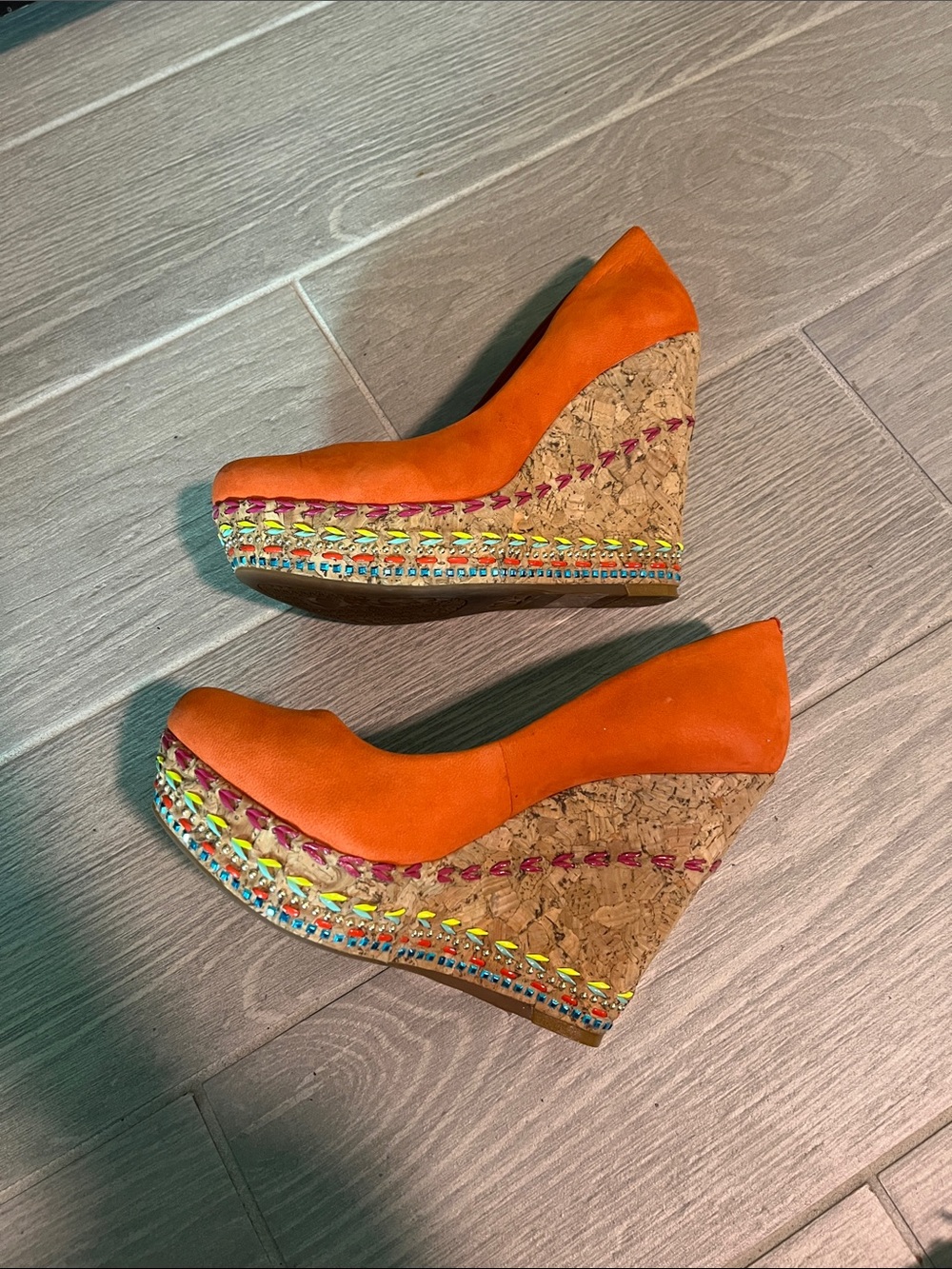 Gianni Bini Orange Suede Wedge Espadrilles with Multicolor Trim
